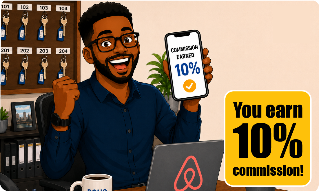 Host holding a phone showing 10% commission earned
